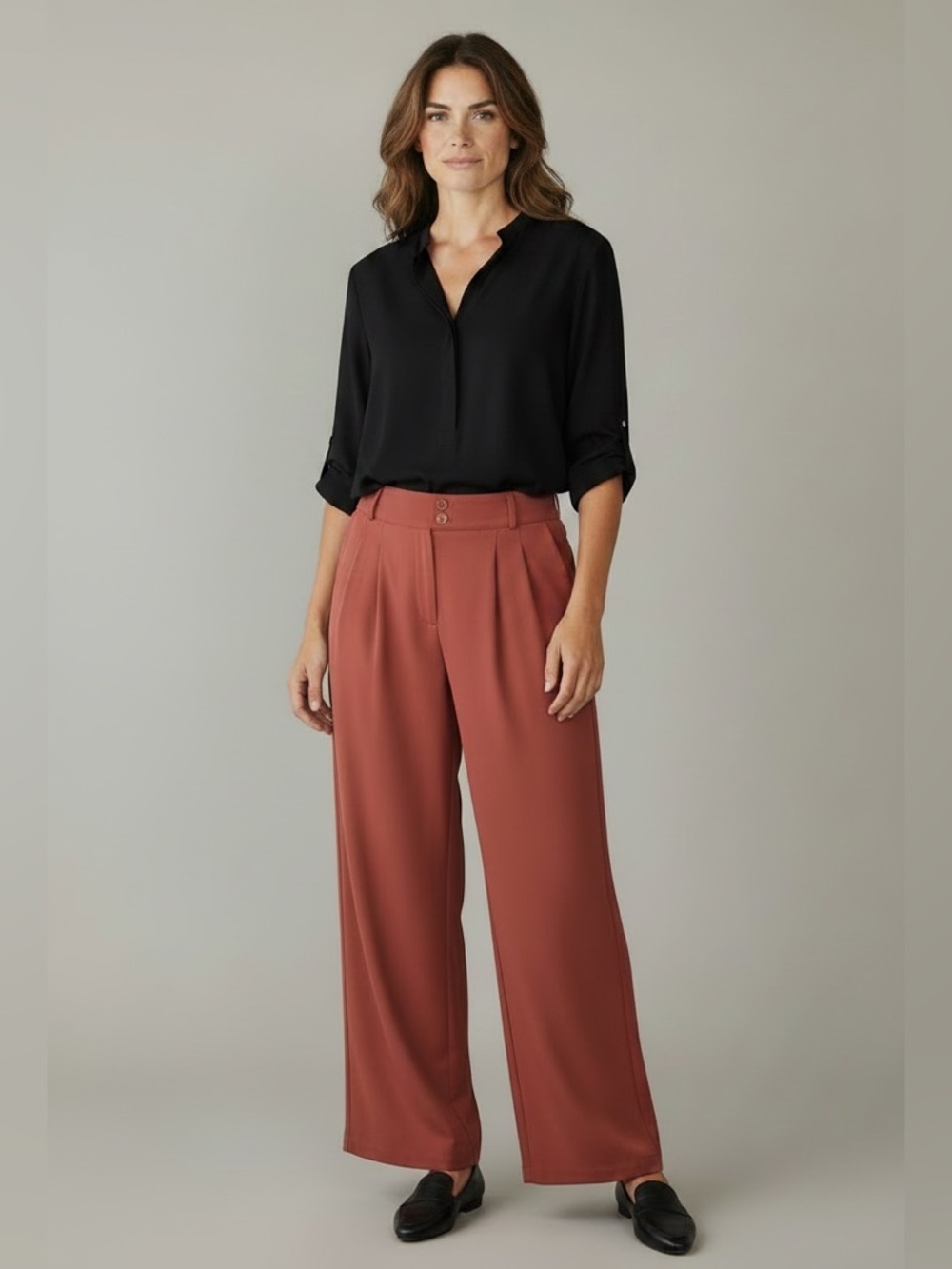 Halara Red High Waisted Wide Leg Pleated Trousers Dress Pants Double Button NWT